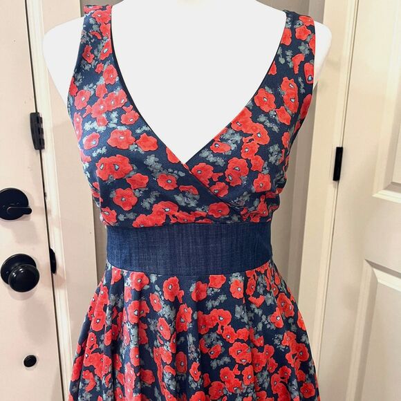 Coconinno Red Floral Fit & Flare Dress with Denim Waist Tie – Size XS - Picture 5 of 11